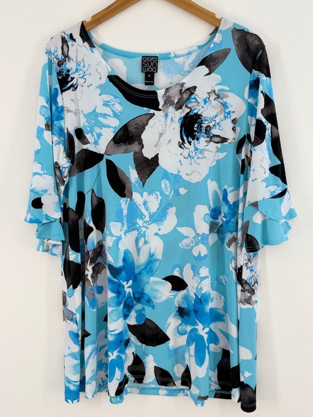 Clara Sunwoo Blue Floral Ruffle-Sleeve Women's Tunic Top Size XL